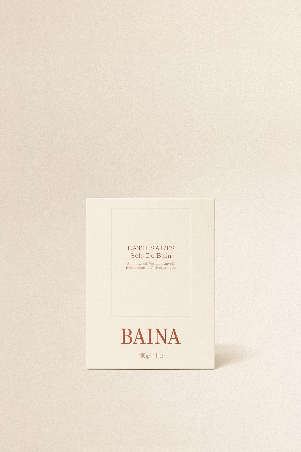 Baina bath salts packaging with natural ingredients and soothing scent, ideal for relaxing baths and skincare routines.