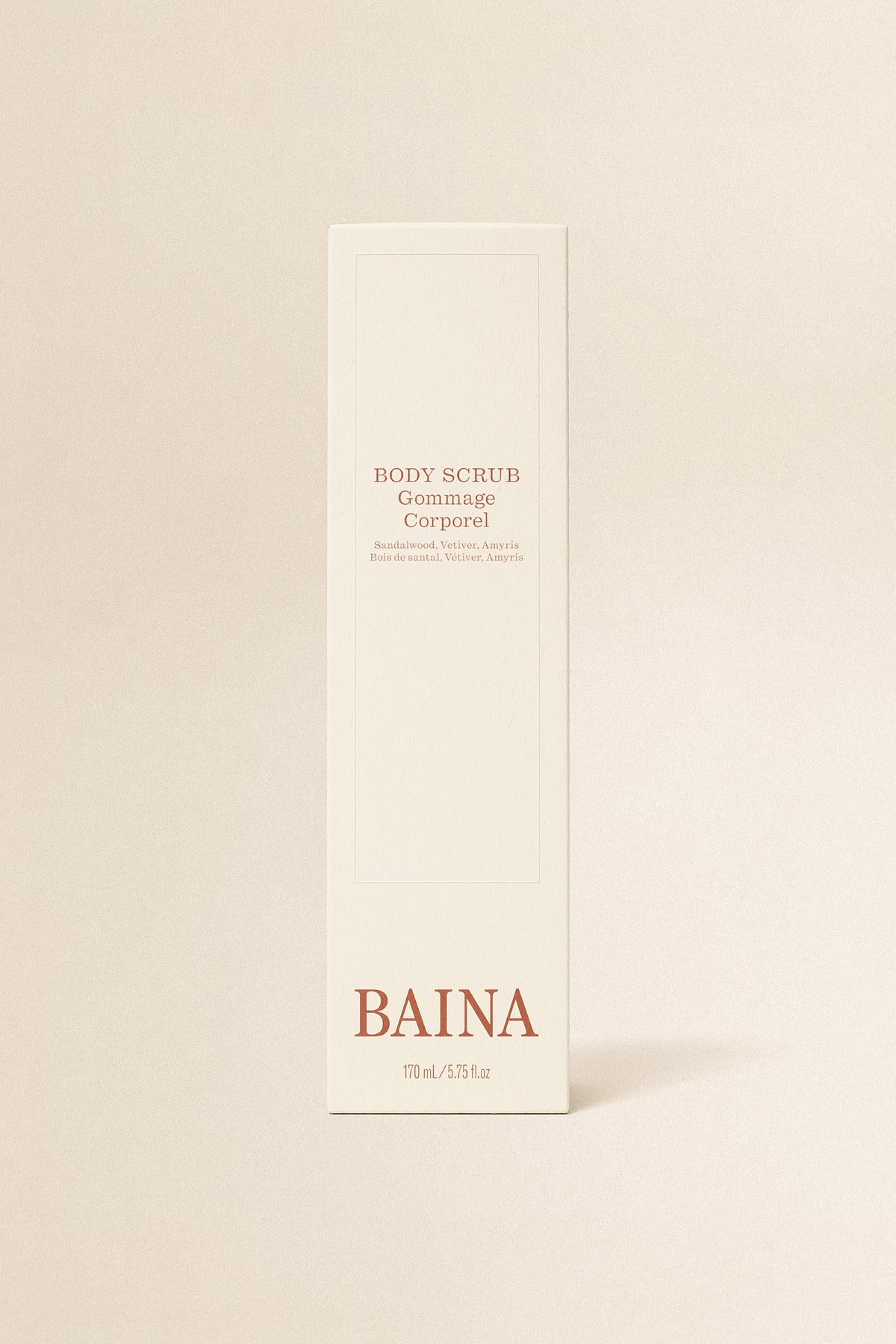 BAINA body scrub in packaging, natural exfoliating body wash with textured container for smooth skin care.