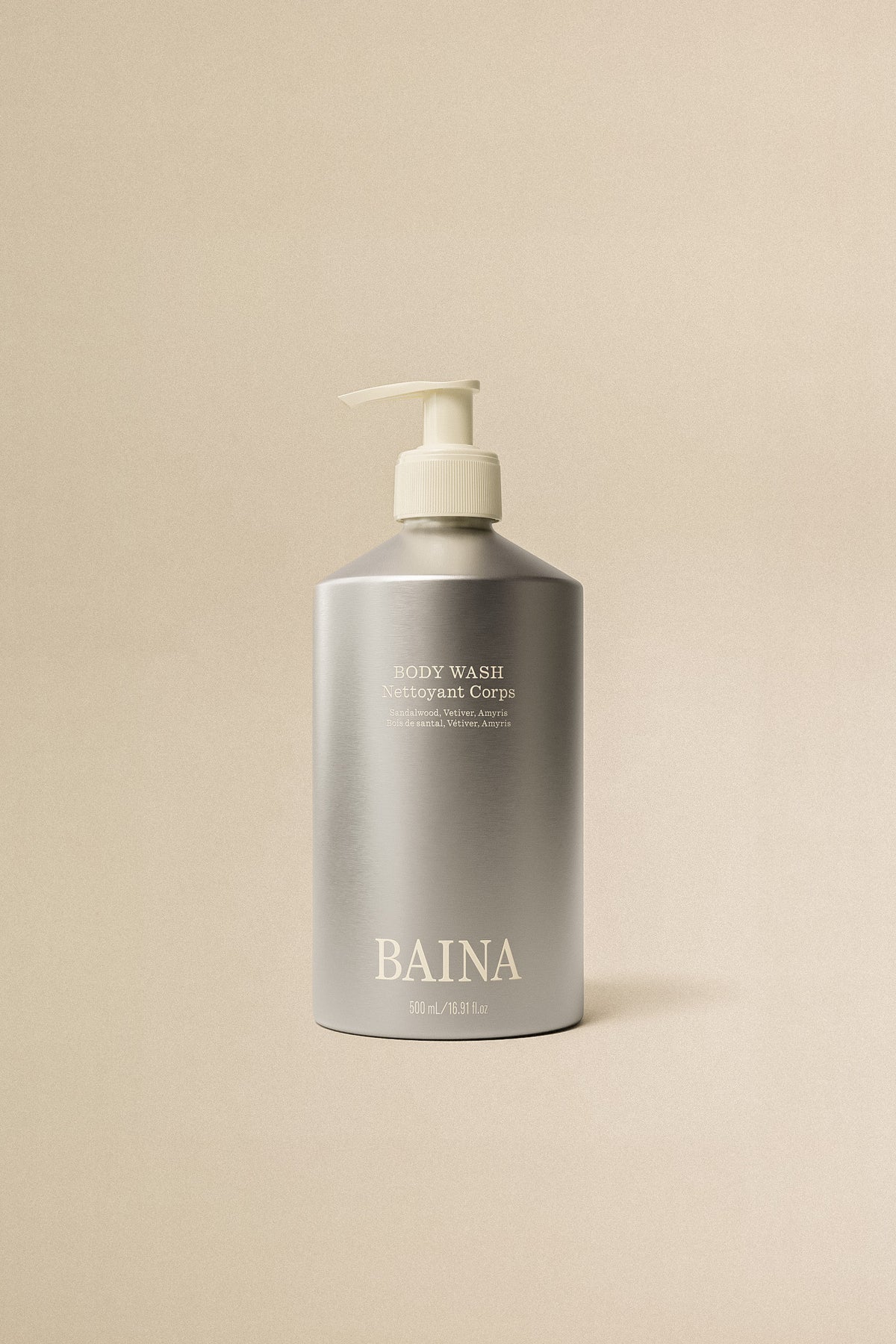 Baina body wash bottle with a clean design, featuring a clear label and a pump dispenser on a white background.
