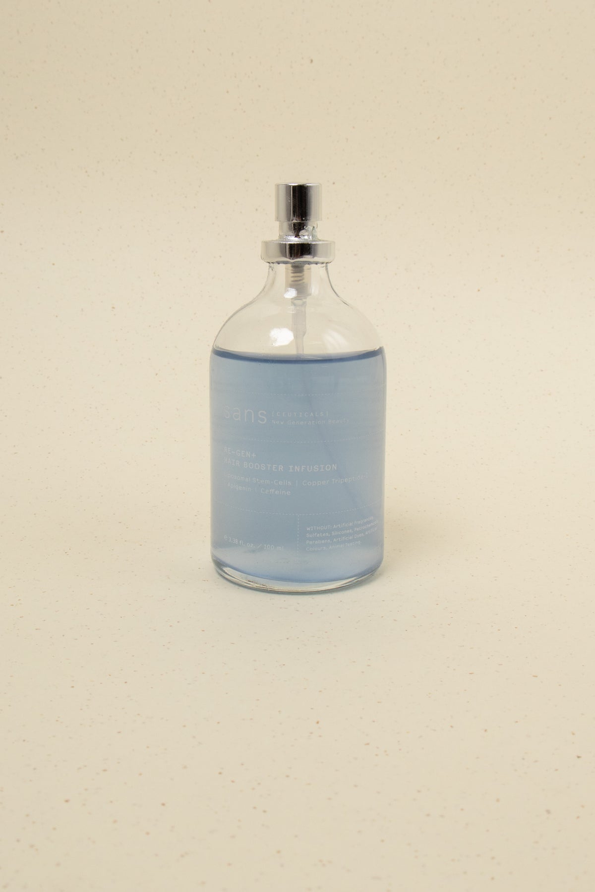 Sans [ceuticals] Re-Gen+ Hair Booster Infusion bottle, a hair treatment product with a sleek design and clear label.