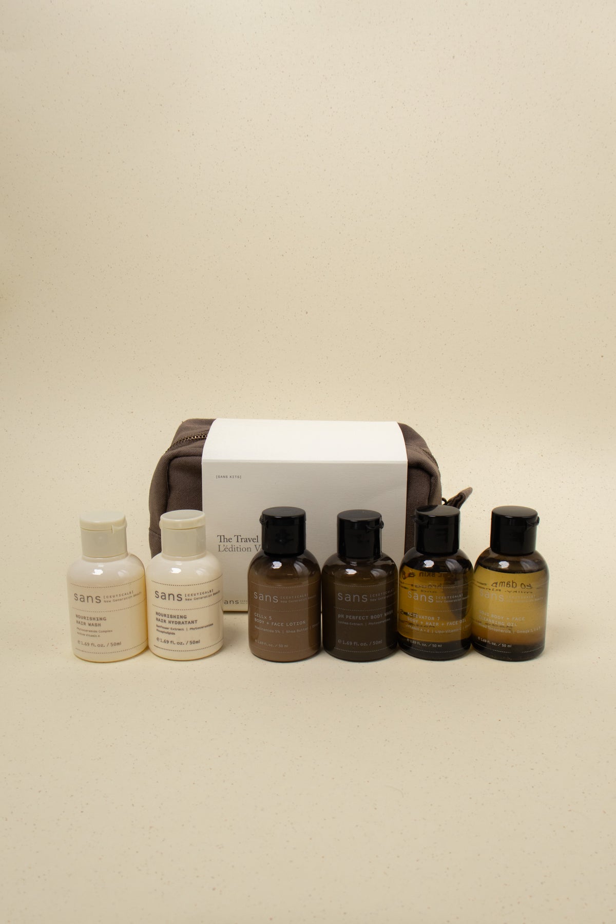 The Travel Edit skincare set by Sans [ceuticals], featuring travel-sized skincare products in a sleek, minimalist packaging.